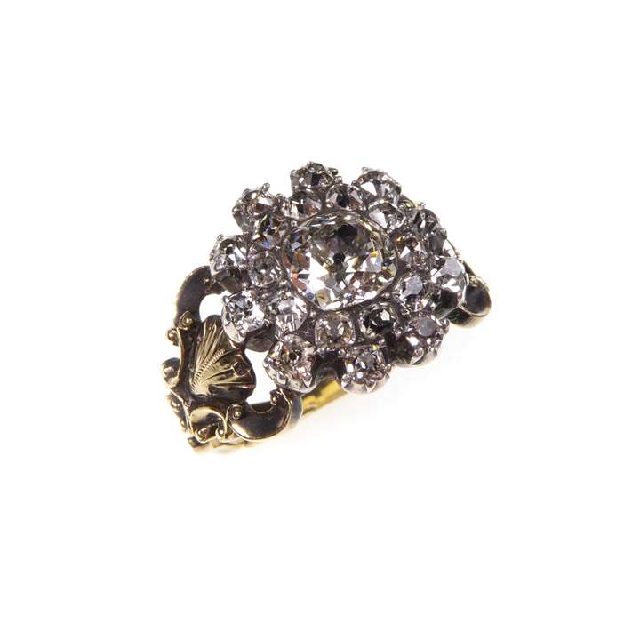 Diamond cluster ring, central old cushion-shaped diamond